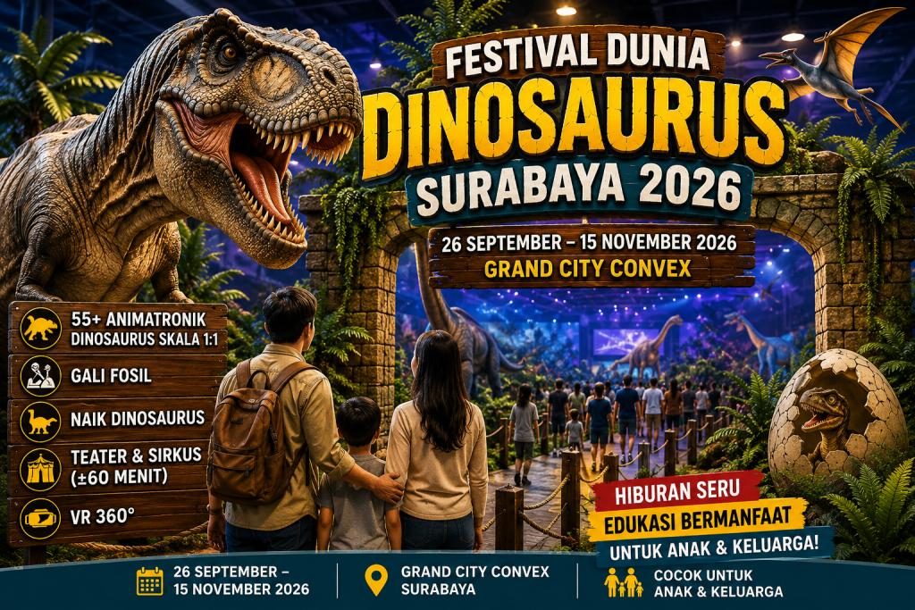 Festival Dinosaurus Surabaya 2026 Bikin Anak Betah, Ada 55 Dinosaurus Raksasa hingga VR 360
