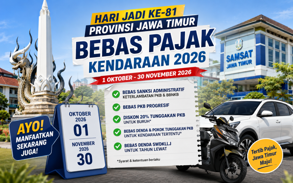 Pemprov Jatim Bebaskan Pajak Kendaraan 1 Oktober–30 November 2026, Ini Syarat dan Rinciannya